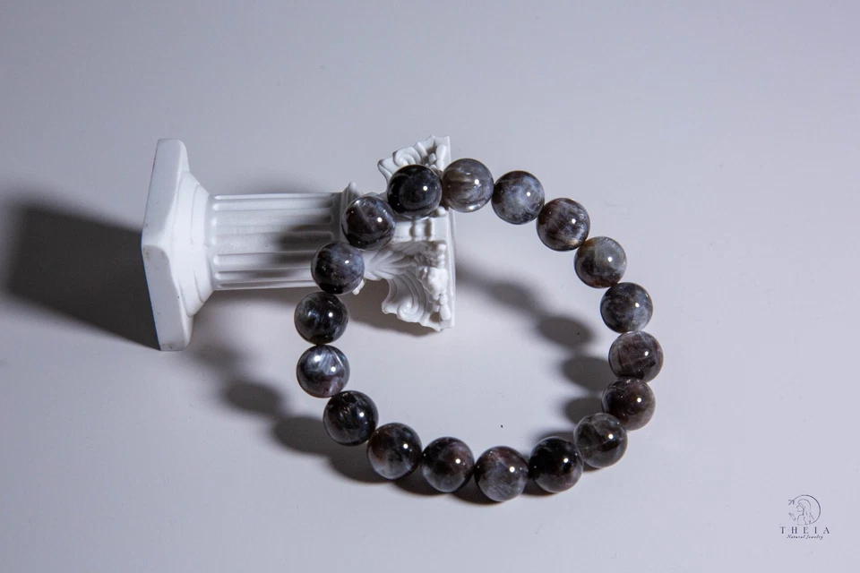 Brazalete raro de 12 mm de alta calidad de piedra solar dorada y piedra solar negra mina simbólica Foto 3 de 4