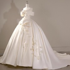 Off-the-shoulder Satin White Wedding Dresses with Bow Cubic Floral Court Train