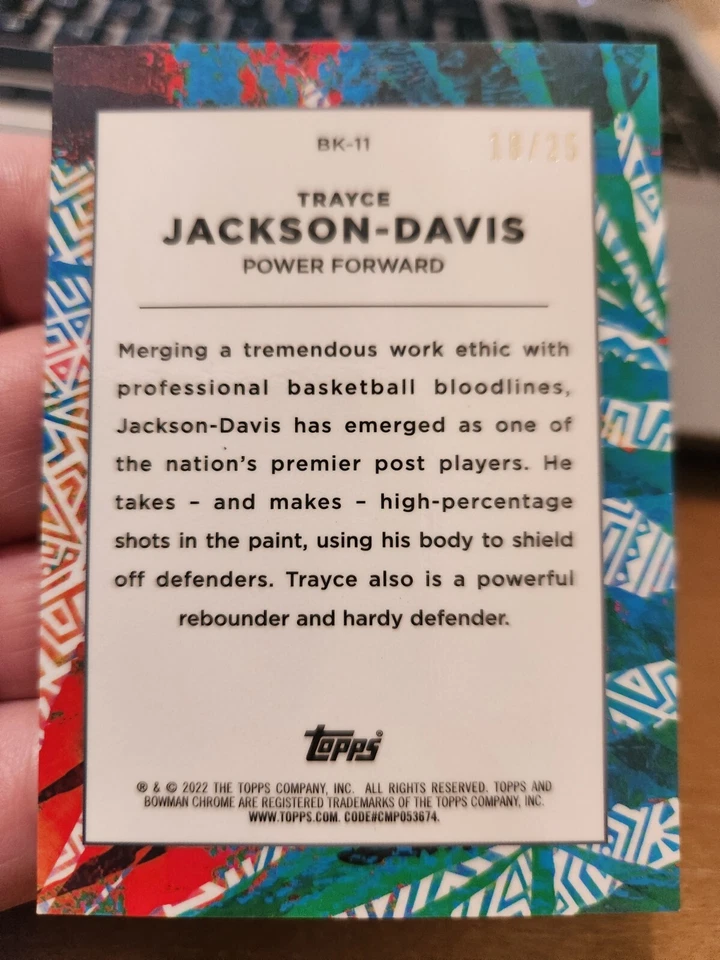 TRAYCE JACKSON DAVIS 2021-22 BOWMAN UNIVERSITY CHROME RC BIG KAHUNA ORANGE 18/25 - Image 3 of 3