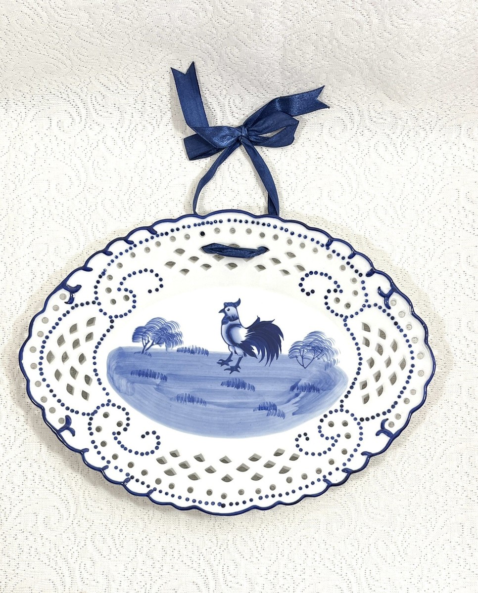 Lillian Vernon Blue White Rooster Plate Farmhouse Reticulated Wall