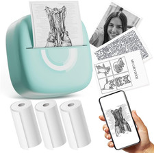 Mini Printer Sticker Thermal Printer with 3 Rolls Paper, Bluetooth Portable Phon
