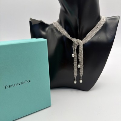 Tiffany & Co Sterling Silver Vintage Elsa Peretti Mesh With Pearls Necklace 27 
