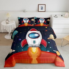 Space Comforter Set Boys 3 Piece Space Ship Rocket Print Full Size Bedding Se...