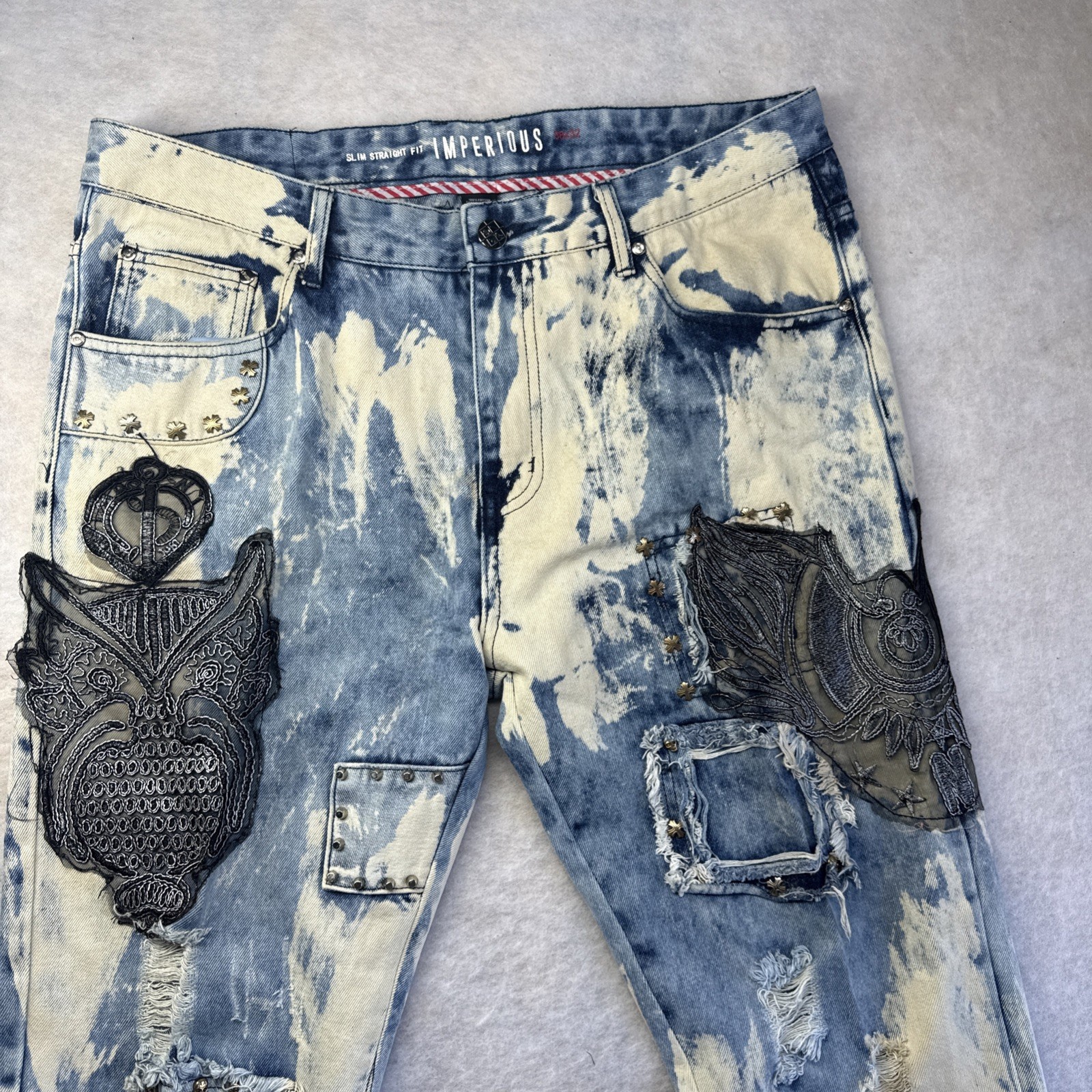 Imperious Distressed Patchwork Denim Embroidered … - image 7