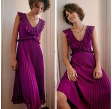 Sezane Rachelle Pleated Midi Dress Violet Purple Ruffle V Neck Size US 4