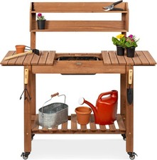 Mobile Garden Potting Bench Outdoor Wood Workstation Table w/Sliding Tabletop