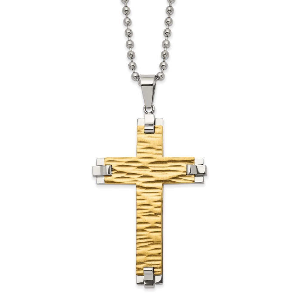 Stainless Steel Brushed Yellow IP Plated Cross Pendant Ball Chain Necklace 22 Inch