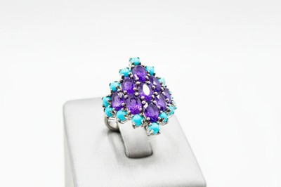 Colleen Lopez Sterling Silver Turquoise & Amethyst Cluster Ring, Size 5