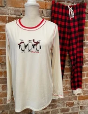 Cuddl Duds Pajama Set XS Buffalo Check Penguins Cozy Jersey Top Jogger Pants New