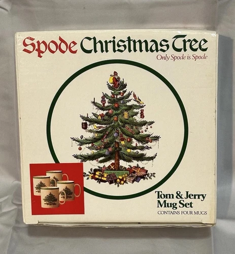 Vintage SPODE CHRISTMAS TREE Dinnerware Tom & Jerry Mug Cup Set 4 - NIB