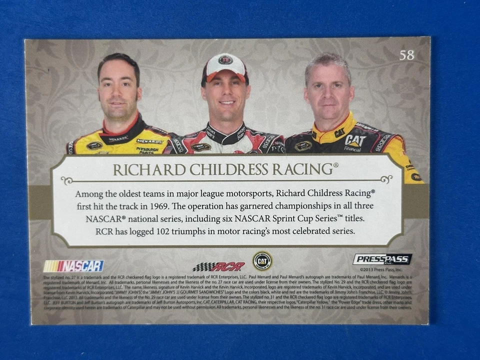 2013 Press Pass Showcase #58 Harvick/Burton/Menard Richard Childress #/349 - Image 2 of 2