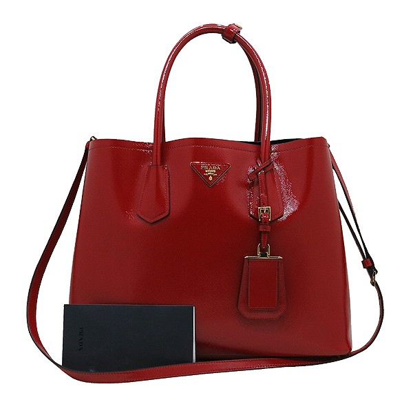 Prada Saffiano Red Vernice Leather Gold Triangle Logo Pendant Bag B2756T