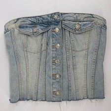 Zara Light Wash Denim Corset Tube Top Button Front Smocked Back Small