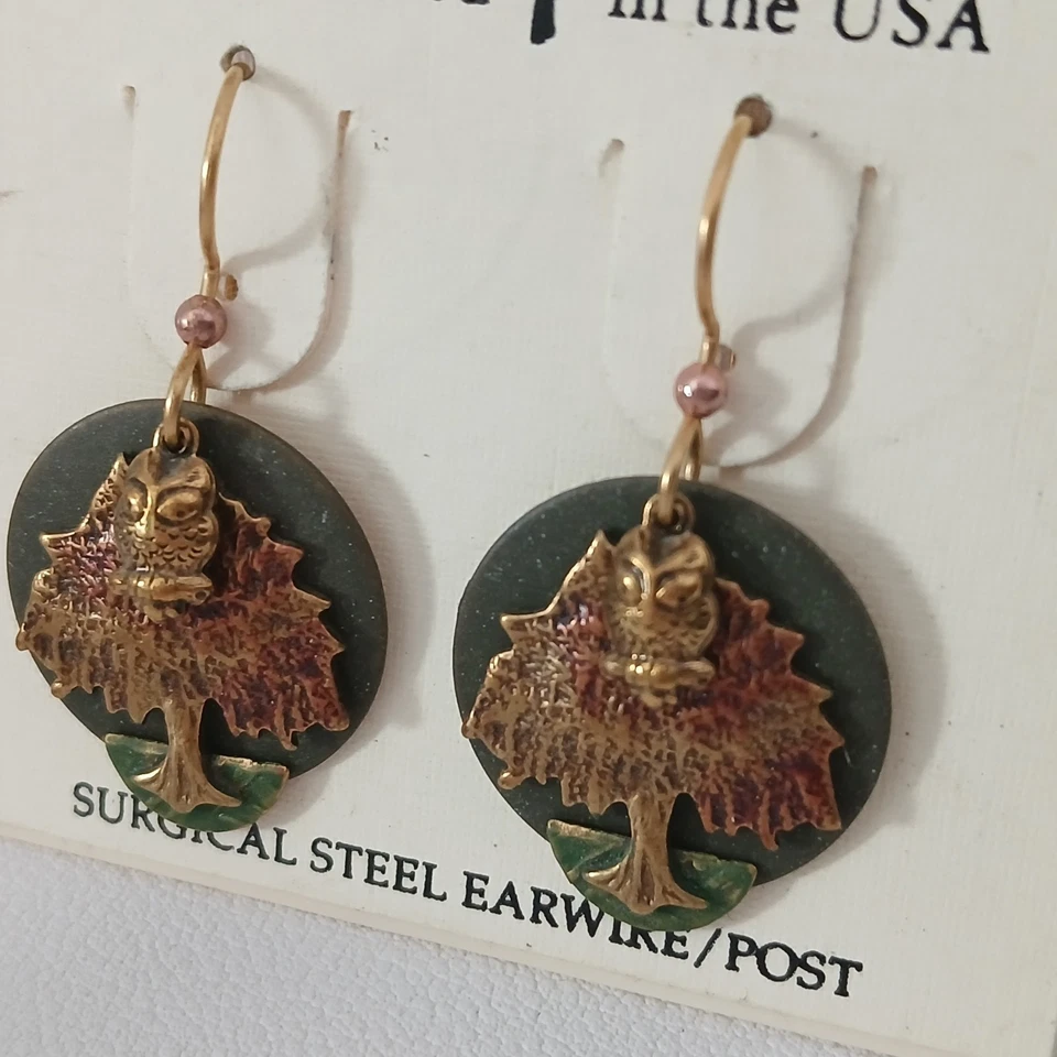Silver Forest Jewelry Fall Color Layered Shapes Dangle Earrings Tree With Owl - Image 3 of 4