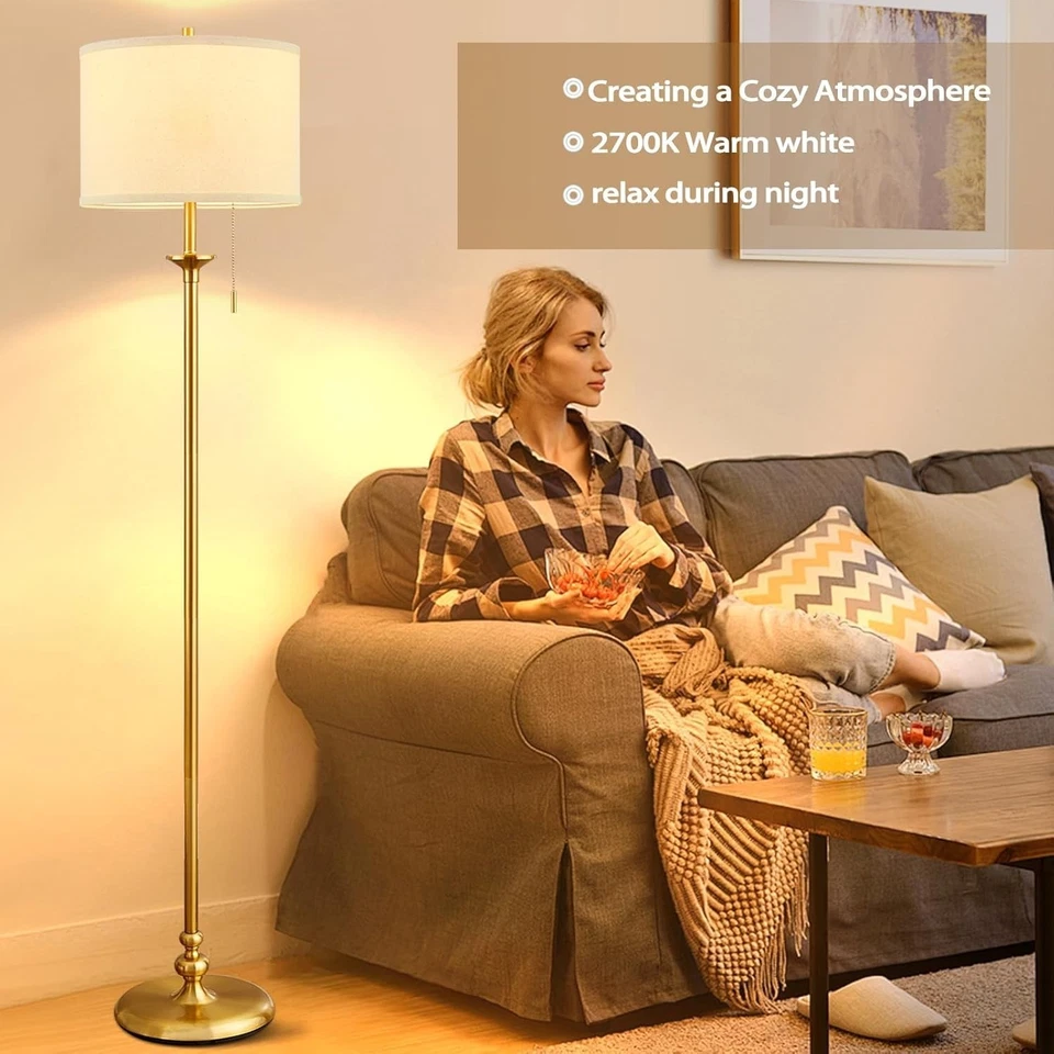 Lámpara de pie de mediados de siglo de 2 luces con pantalla de tela blanca S... Foto 3 de 4