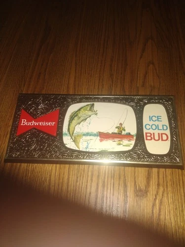 BUDWEISER BEER SIGN VINTAGE NON MOTION ICE COLD BUD FISHING
