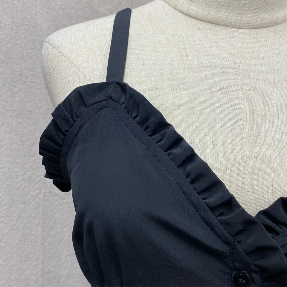 Topshop Vestido de Sol Midi Botón Acento Volantes Negro Talla 6 Foto 4 de 4