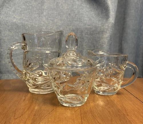 Vtg Anchor Hocking star pattern, Early American Prescut cream,sugar,pitcher
