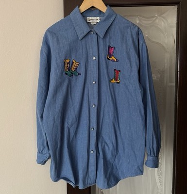 Vintage 90s Renaissance Sportswear Denim Shirt Embroidered Cowboy Boots Rodeo