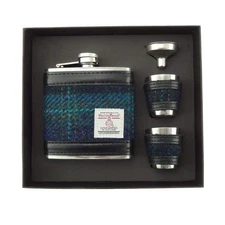 Harris Tweed Hip Flask Gift Set- Blue With Turquoise Overcheck