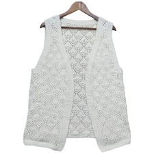 Womens White Handmade Knitted Crochet 70s Cottage Open Front Sweater Vest M-XL