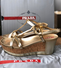 Vintage PRADA Gold Leather Cork Wedge Platform Sandals T-Strap Luxury Size 39