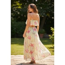 Gianni bini yellow Pink floral Lily Long dress SZ XS Boho Chic  Flowy Open Back