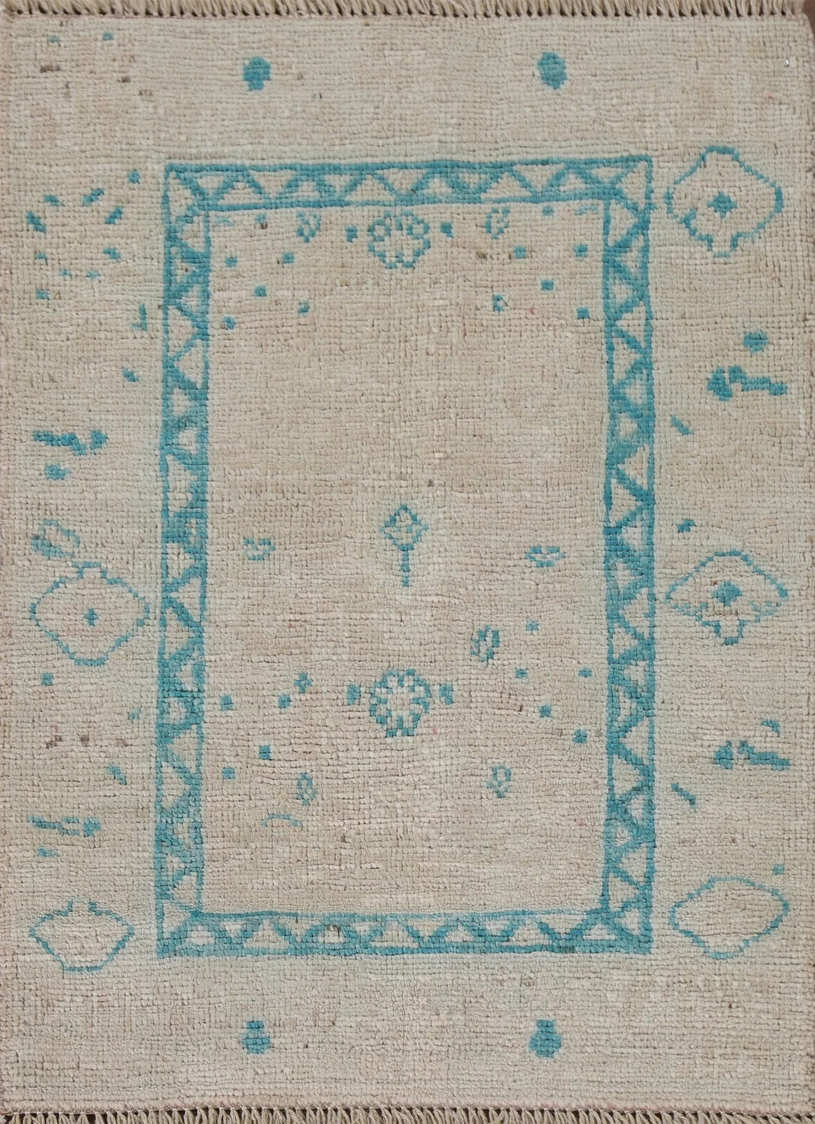 Hand Knotted Oushak Rug Wool Area Rug Cream Sky Blue Traditional Turkish Rug