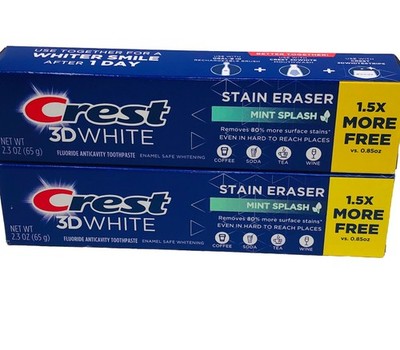 2 Crest 3D White Stain Eraser Mint Splash Fluoride Toothpaste 2.3oz FREE SHIP