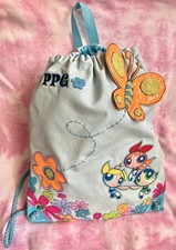 Powerpuff Girls Vintage Cartoon Network Blue Beaded Drawstring Bag Y2K VERY RARE