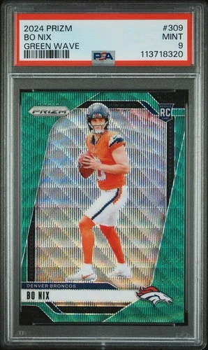 Bo Nix 2024 Panini Prizm #309 Rookie Green Wave Broncos RC PSA 9