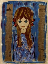 French mid 20th C, Francois Paris, Vintage Mixed Media Painting, Girl Portrait