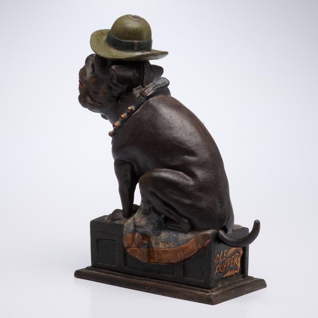 Ole Puffer Bull Dog Cigar Vtg Cast Iron Mechanical Piggy Money Coin Bank Works