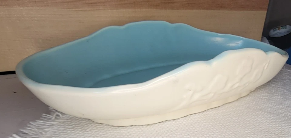 Vintage Art Deco Weller Style Oblong Planter Bowl Scalloped Rim Aqua Interior - Image 2 of 4