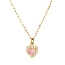 14K Gold Plated Tiny Heart Necklace for Women Pink Full Zircon Inlay Dainty...