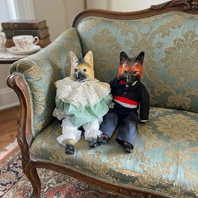 Vintage Porcelain Fox Dolls, Mr. & Mrs Fox, Anthropomorphic Animal Couple