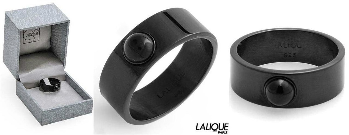 $250 Lalique MOSSI 55 size 7 Black Enamel Crystal Cabochon 925