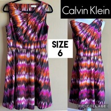 Calvin Klein Womens Dress Color Burst Fit & Flare Magenta Sleeveless Pockets 6