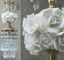 chandelier swag Porcelain Ivory Rose Brass tole vintage beaded opaline crystal p