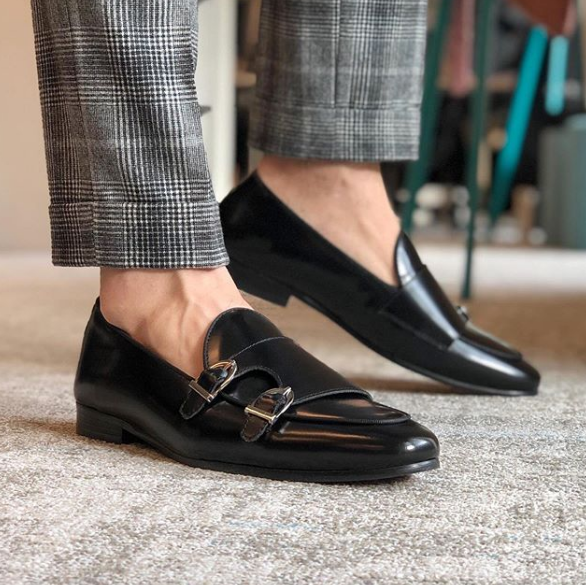 Handmade Men's Black Double Monk Strap Casual Wearing Shoes, Real