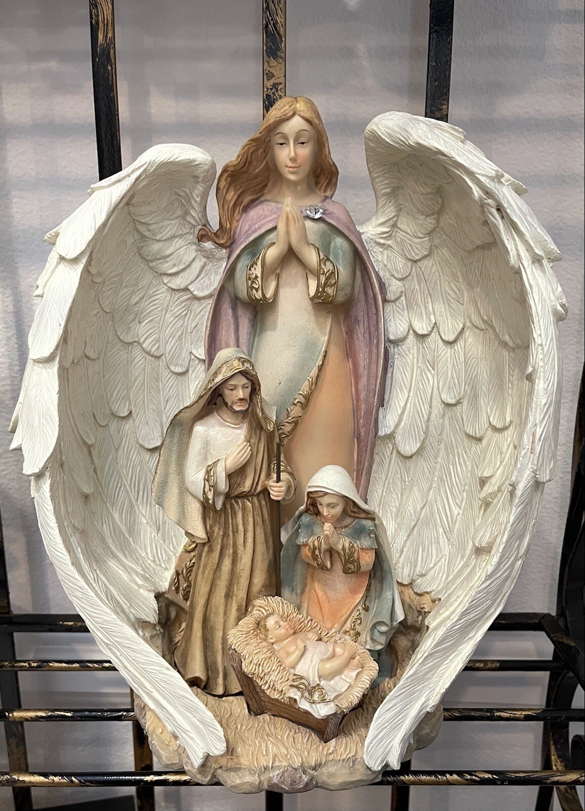 Holy Family Nativity Figurine Guardian Angel Wings Mary Joseph Baby
