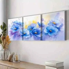3pcs Blue Flower Colorful Floral Light Perfect Wall Art Canvas Framed 50x70cm
