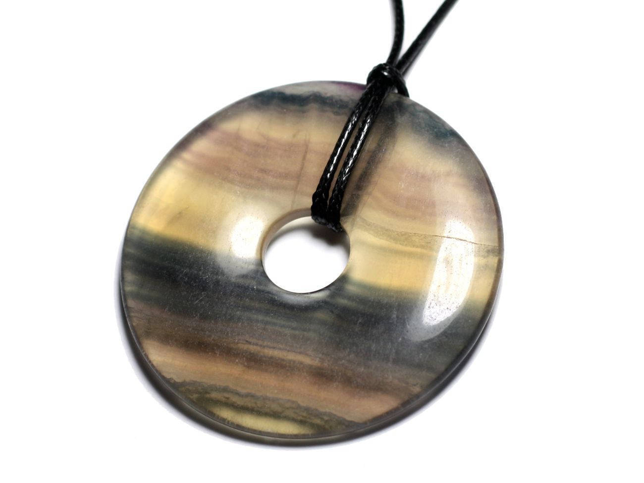 Pendentif en fluorite multicolore d'exception grand collier donut Pi 60mm taillé main