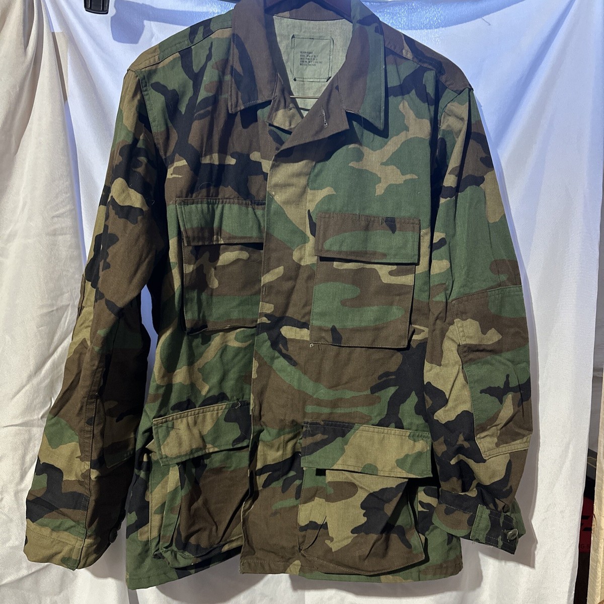 VTG US ARMY COAT WOODLAND CAMO BDU JACKET w/ Side Adjust Temperate 