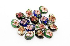 Cloisonn  Flat Oval Beads w/ Flowers 8x10mm,1mm hole, 16 pcs, CL-193,194,195,196