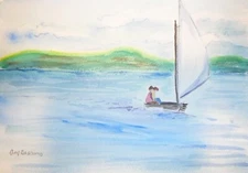 Original Sailing Boat Landscape Watercolor Painting CHAPLEAU CR Basciano 6x9