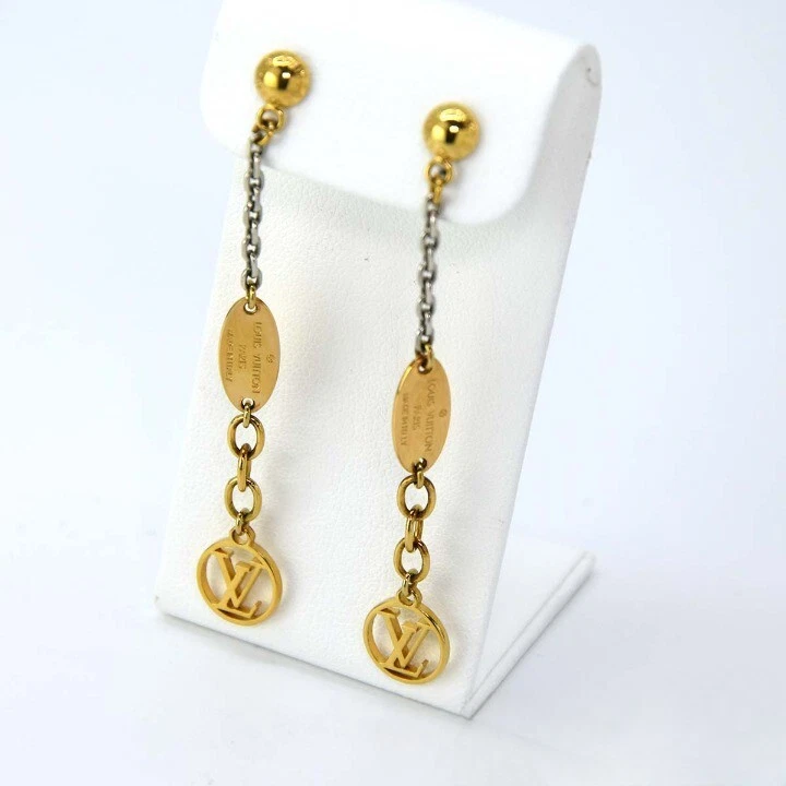 LOUIS VUITTON M68076 Logo Mania Gold Tone LV Chain long Earrings 2.36inch  w/Box