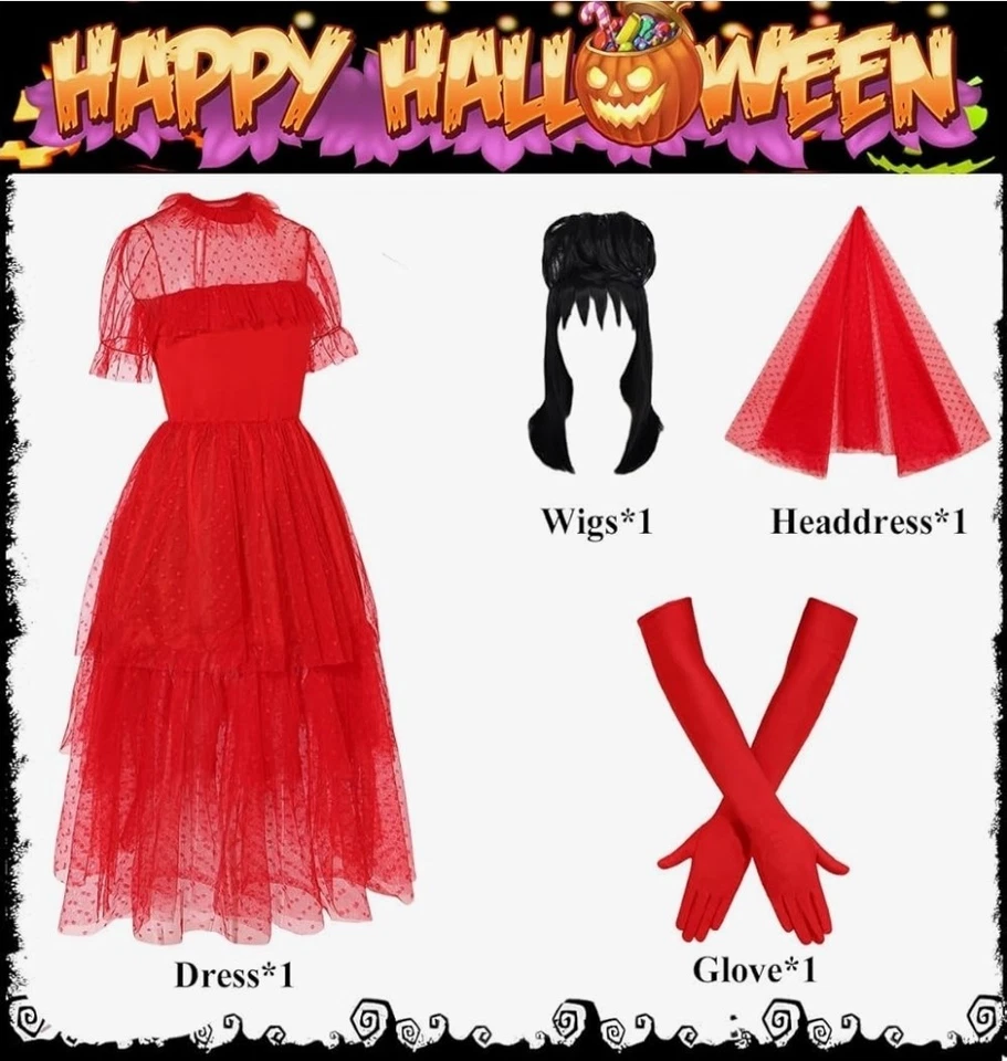 Beetlejuice Lydia Deetz Red Wedding Dress Halloween Costumes (M) Cosplay - Image 2 of 4