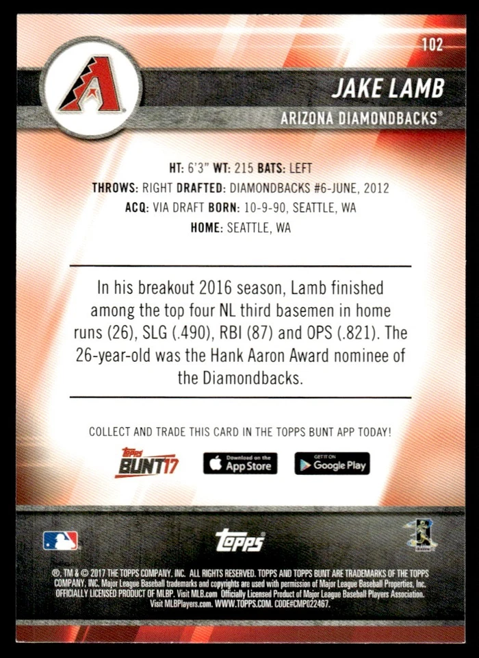 2017 Topps Bunt Blue Jake Lamb Arizona Diamondbacks #102 - Image 2 of 2