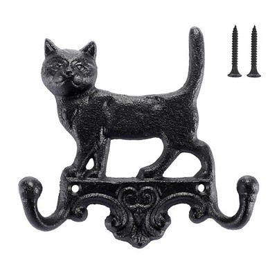 Cast Iron Cat Wall Mounted 2 Hook Heavy Duty Rustic Country Wall Coat Hook Ki...